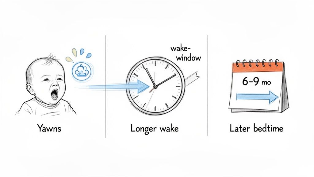 Illustration linking a baby yawning to longer wake windows and later bedtimes for 6-9 month old infants.