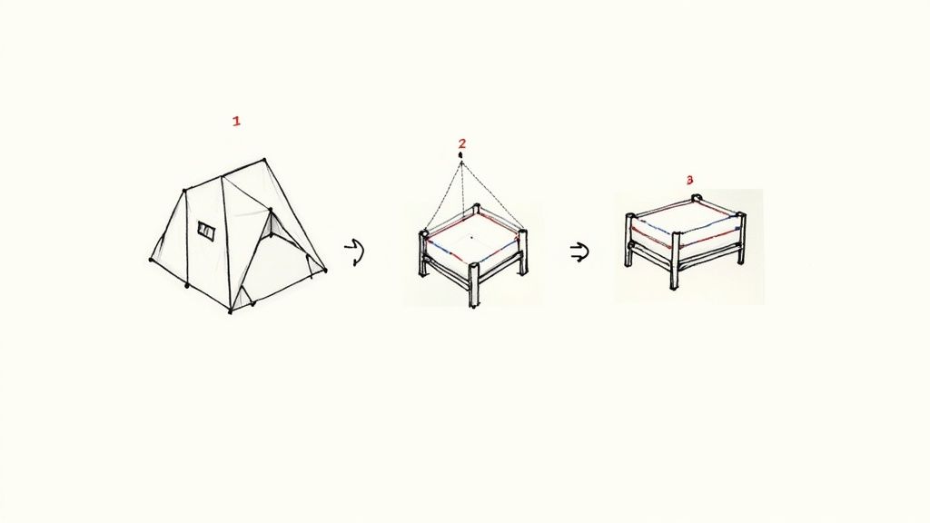 Diagram illustrating the transformation of a tent into a portable baby crib with a canopy design.
