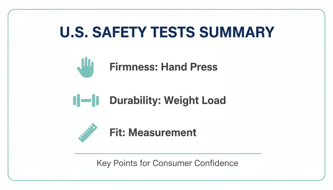 Summary of U.S. safety tests including firmness (hand press), durability (weight load), and fit (measurement) for consumer confidence.