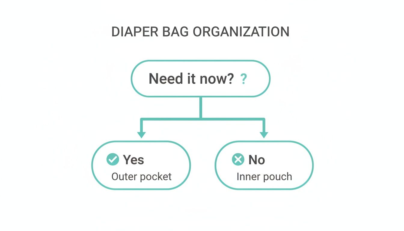 Flowchart illustrating diaper bag organization: items needed now go in outer pocket, others in inner pouch.