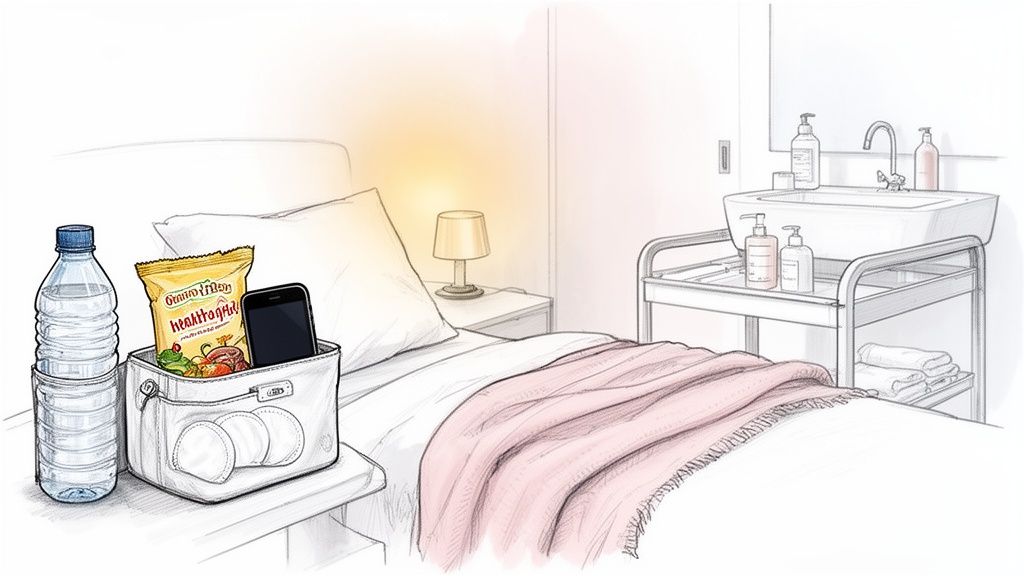 An illustration of a cozy bedside setup with water, snacks, phone, and toiletries in a room.