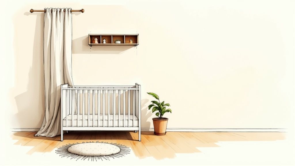 Minimalist watercolor sketch of a serene baby nursery with a white crib and plant.