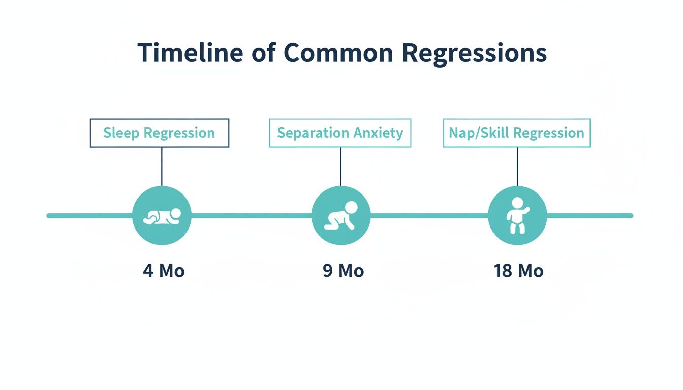 Timeline illustrating common infant regressions: sleep at 4 months, separation anxiety at 9 months, and nap/skill at 18 months.