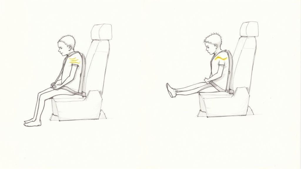 A young boy sitting correctly in a booster seat, looking straight ahead, demonstrating the maturity needed for this car seat stage.