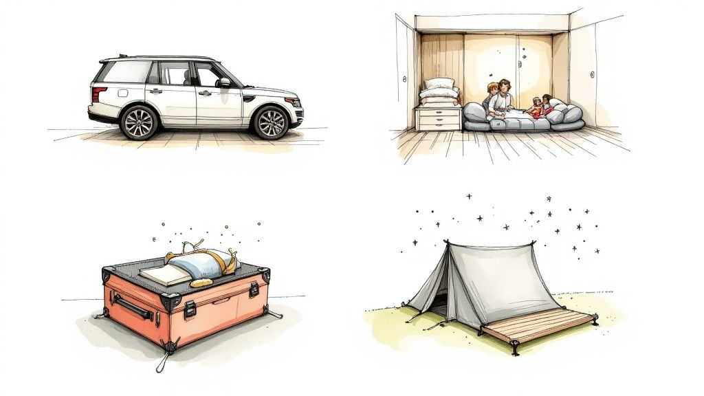 A happy child looking out of a portable travel bed set up in a living room during a family trip.