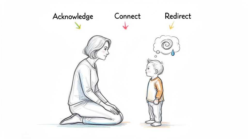A woman kneels to speak with a child, illustrating the Acknowledge, Connect, Redirect parenting strategy.