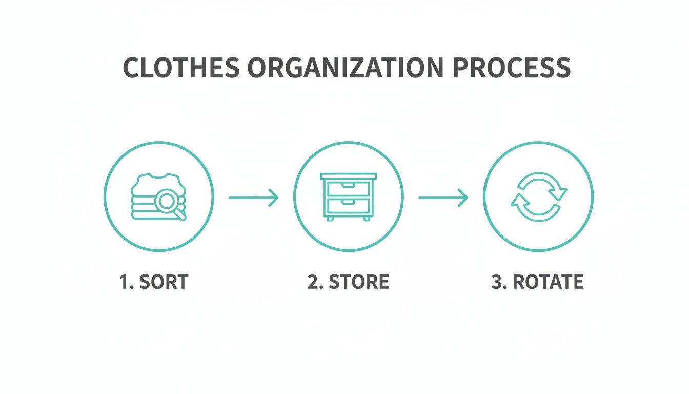 Infographic illustrating the three-step clothes organization process: sort, store, and rotate with corresponding icons.