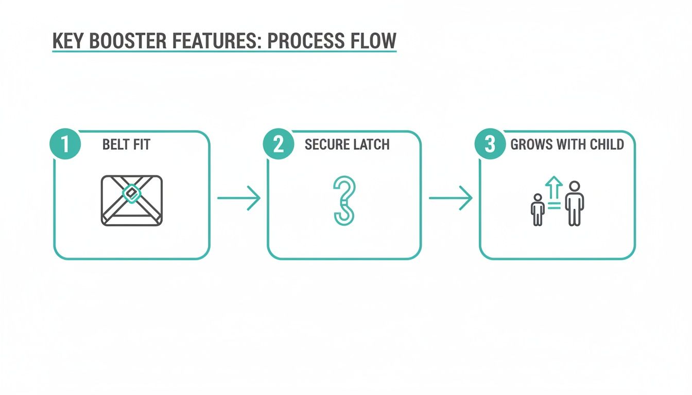 A three-step process flow illustrating key booster seat features: belt fit, secure latch, and growing with child.