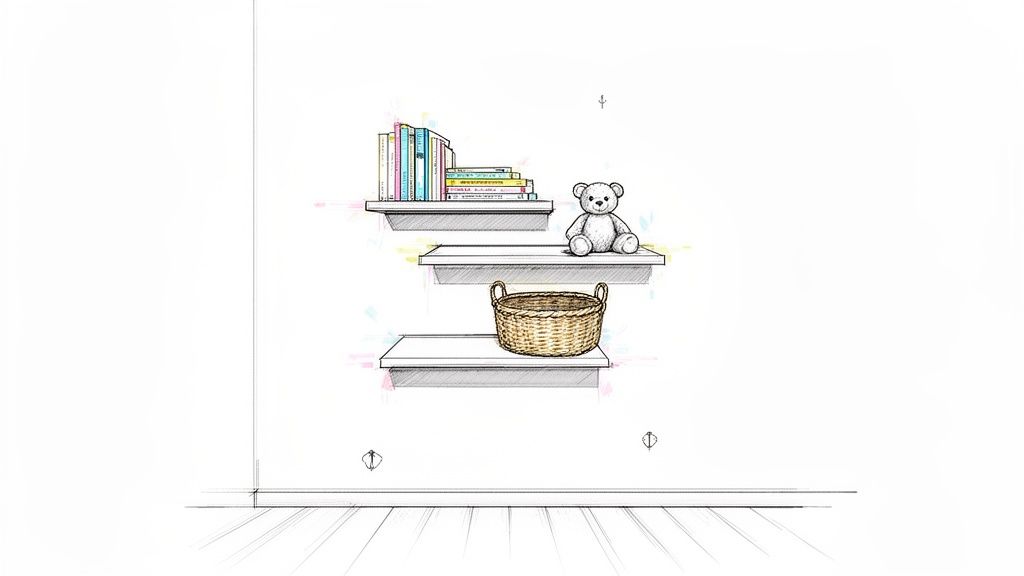 Hand-drawn sketch of three floating shelves with books, a teddy bear, and a wicker basket, ideal for nursery organization.
