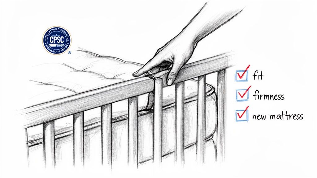A hand checks the fit of a crib mattress against the rail, ensuring no gaps for infant safety.