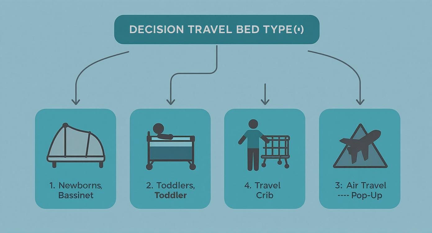 Infographic showing four types of portable travel beds for babies and toddlers