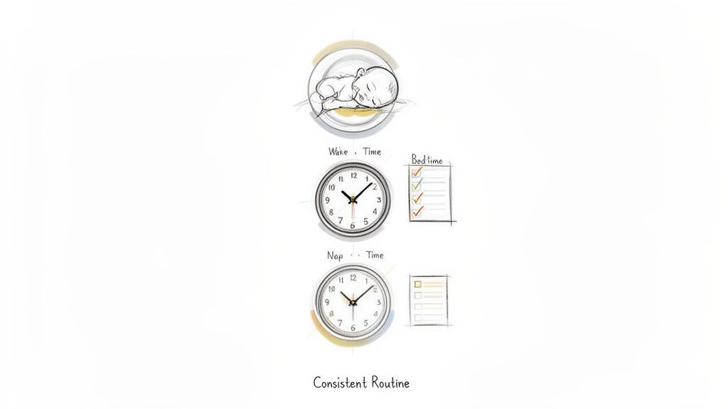Illustration depicting a baby's consistent routine with clocks for wake and nap times, and a bedtime checklist.