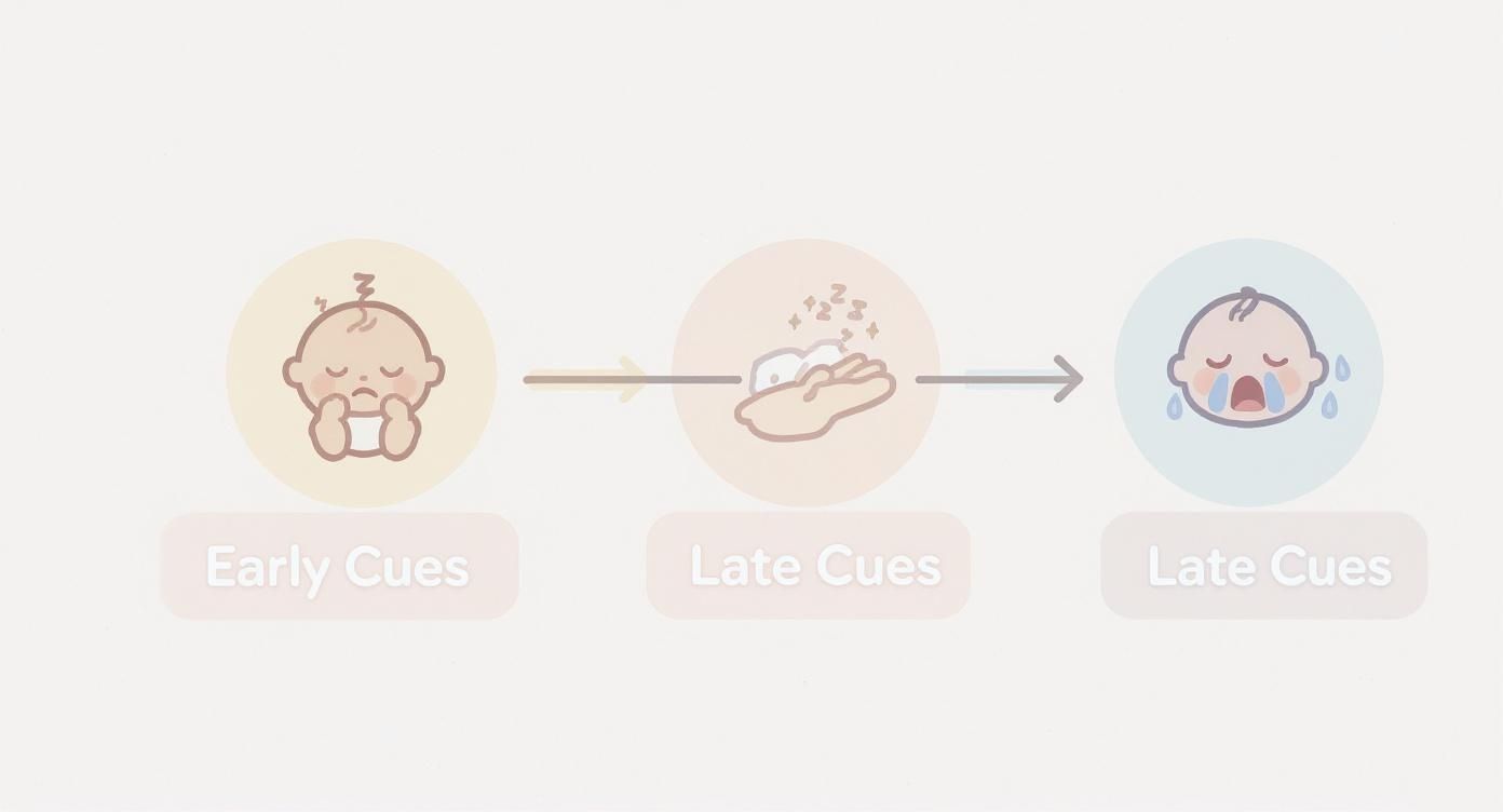 Infographic showing the process flow of a baby's sleepy cues, moving from early cues like staring to late cues like crying.