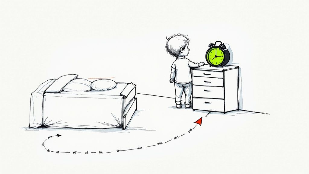 A toddler peeking out of their bedroom door at night.