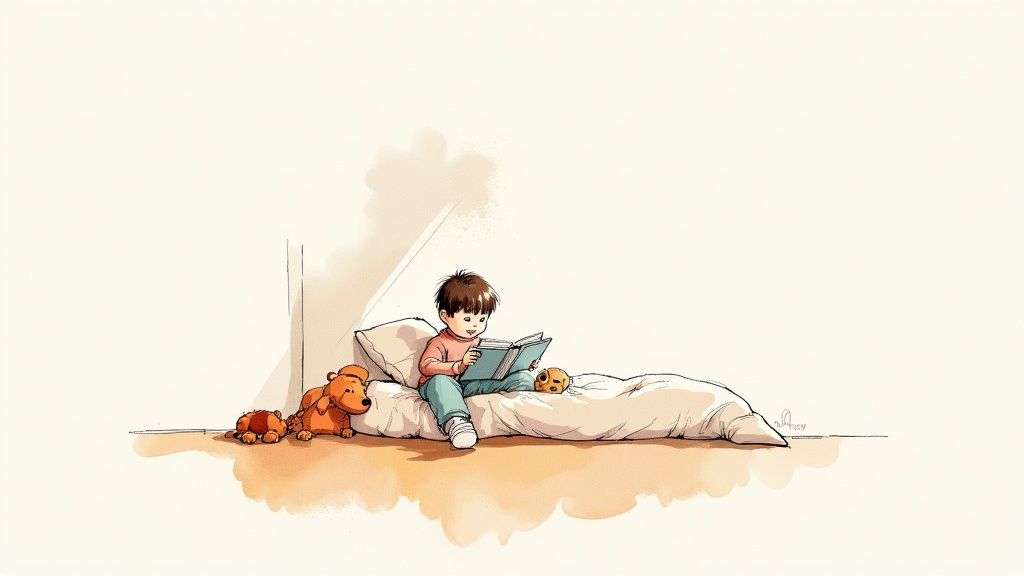 Young child reading a book while sitting on bed with stuffed animal toy companions