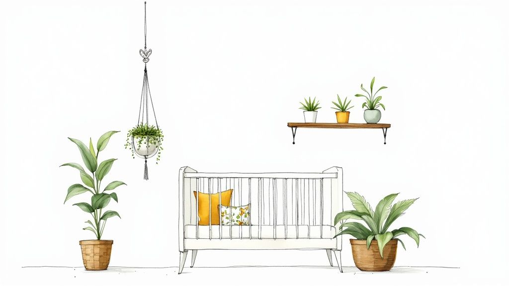 A watercolor illustration of a modern nursery with a white crib and various green plants.