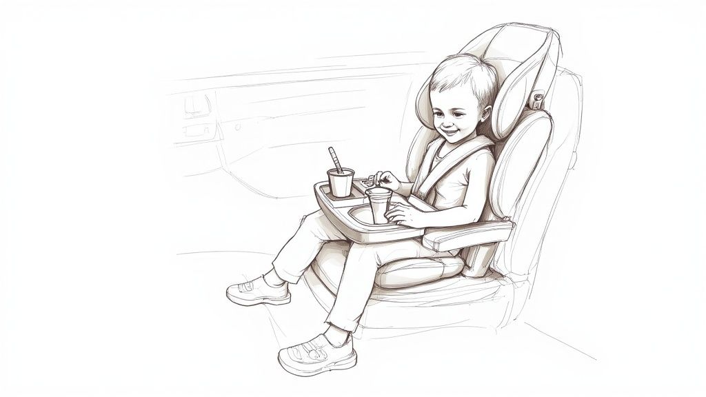 A happy toddler uses a car seat travel tray to color in the back of a car.