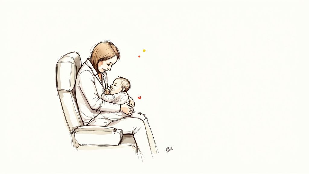 A mother holds her 3-month-old baby on an airplane