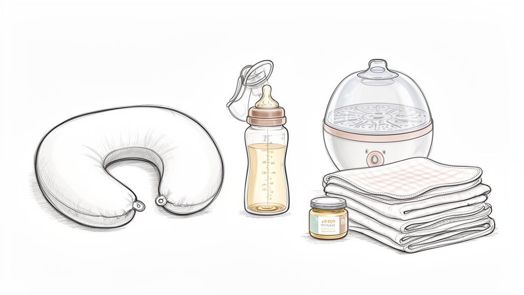 An illustration showcasing essential newborn baby items: a feeding pillow, bottle, sterilizer, baby food, and cloths.