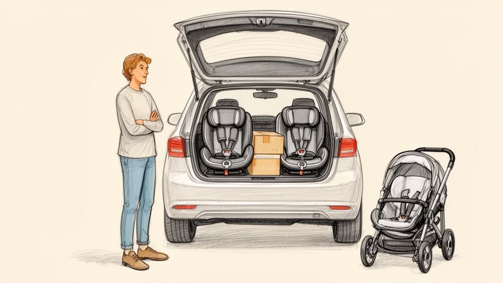 A man stands beside a silver car with its trunk open, revealing two baby car seats and boxes. A baby stroller is next to the car.