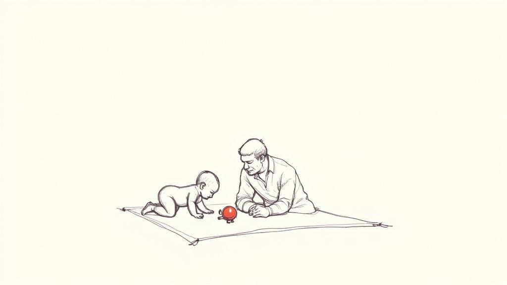 A black and white sketch depicts a man and a baby playing together on a blanket with a red toy.