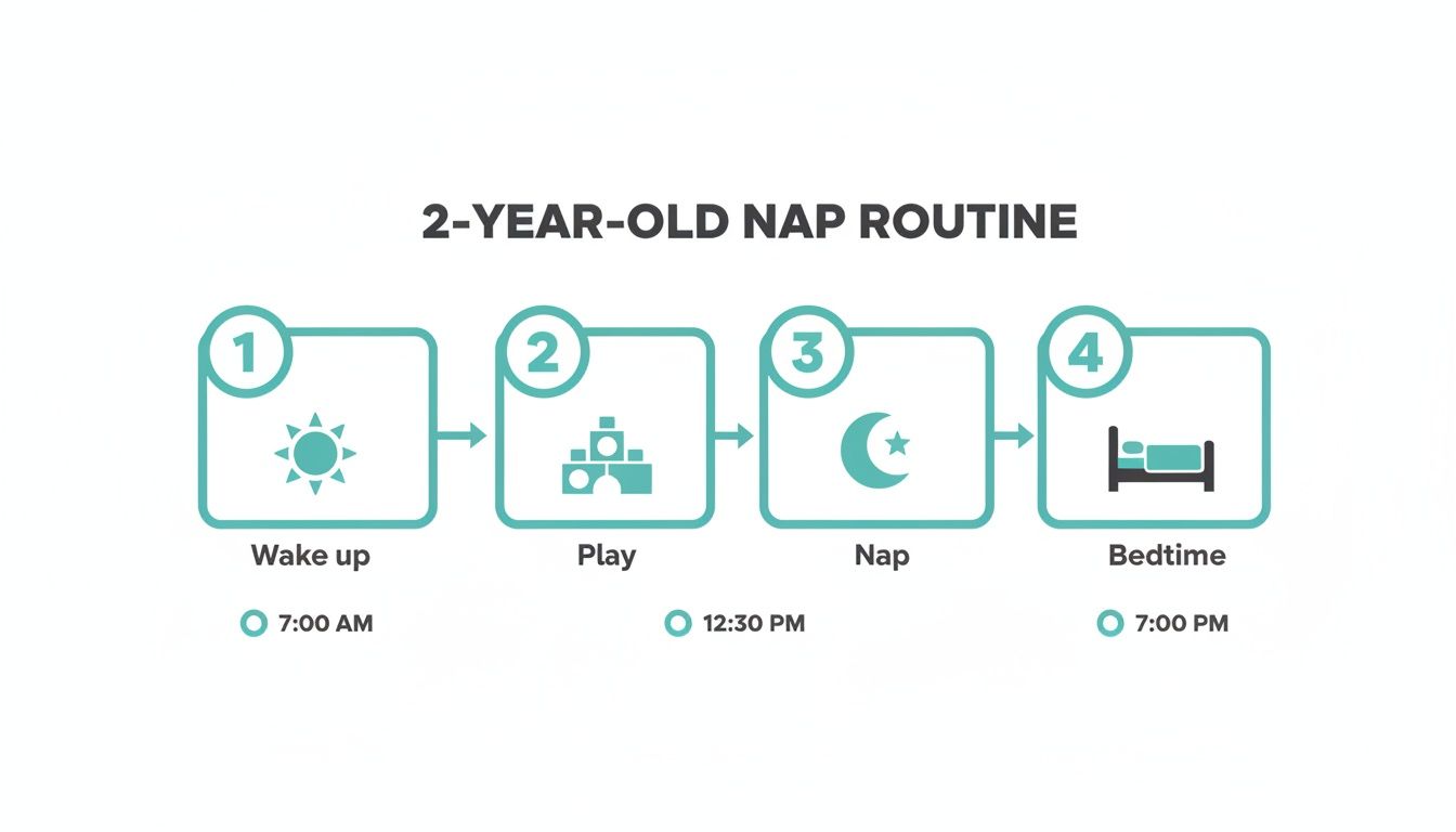 A visual routine for a 2-year-old's day, showing wake up, play, nap, and bedtime schedule.