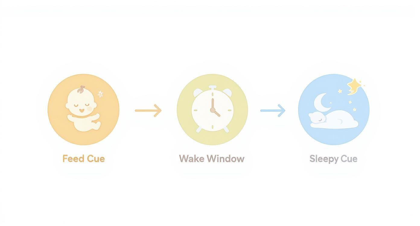 A visual guide illustrating a baby's routine: Feed Cue, Wake Window, and Sleepy Cue, connected by arrows.