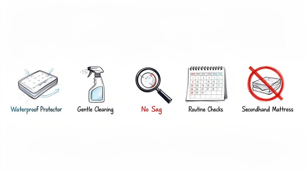 Illustrations depict five crib mattress safety tips: waterproof protector, gentle cleaning, no sag, routine checks, and avoiding secondhand mattresses.