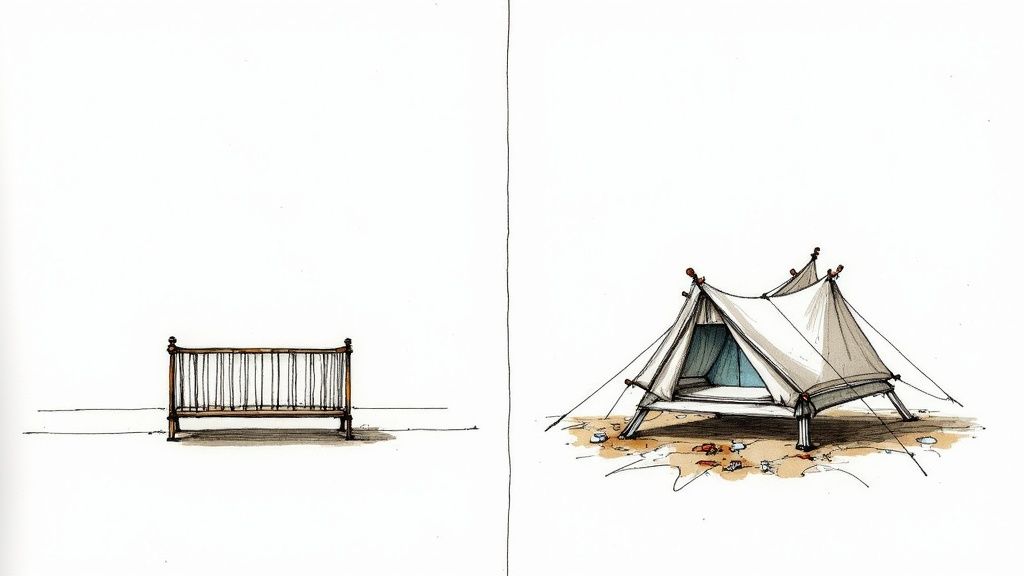 An artistic drawing of a classic wooden baby crib and an elevated camping tent.