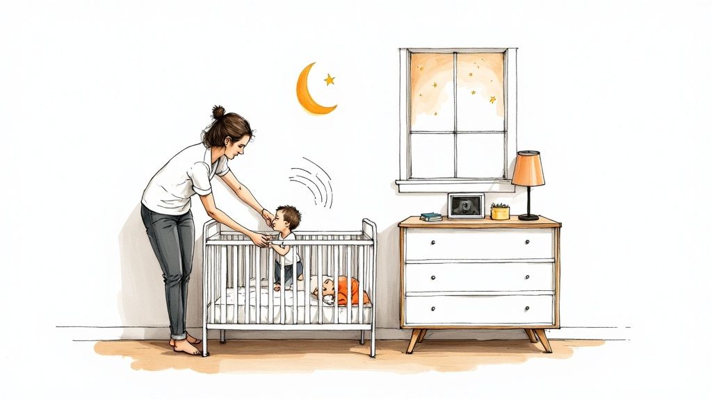 A mother gently leans over a crib, interacting with her child, suggesting a nighttime routine with a sound machine.
