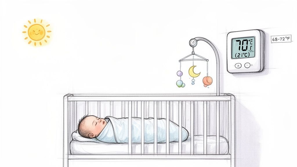 A baby sleeps peacefully in a crib, surrounded by a mobile and a thermometer displaying the ideal 70°F (21°C) room temperature.