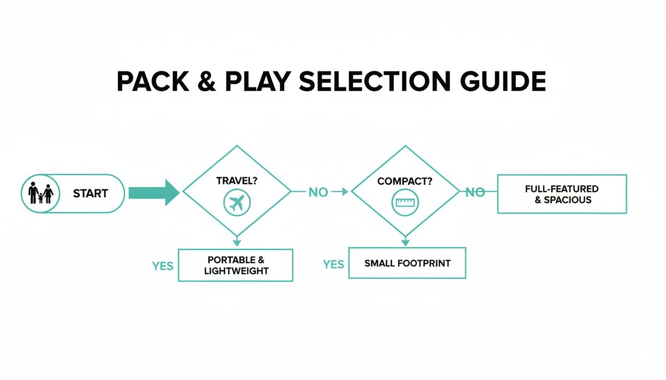 A pack and play selection guide flowchart helping parents choose based on travel and compactness needs.