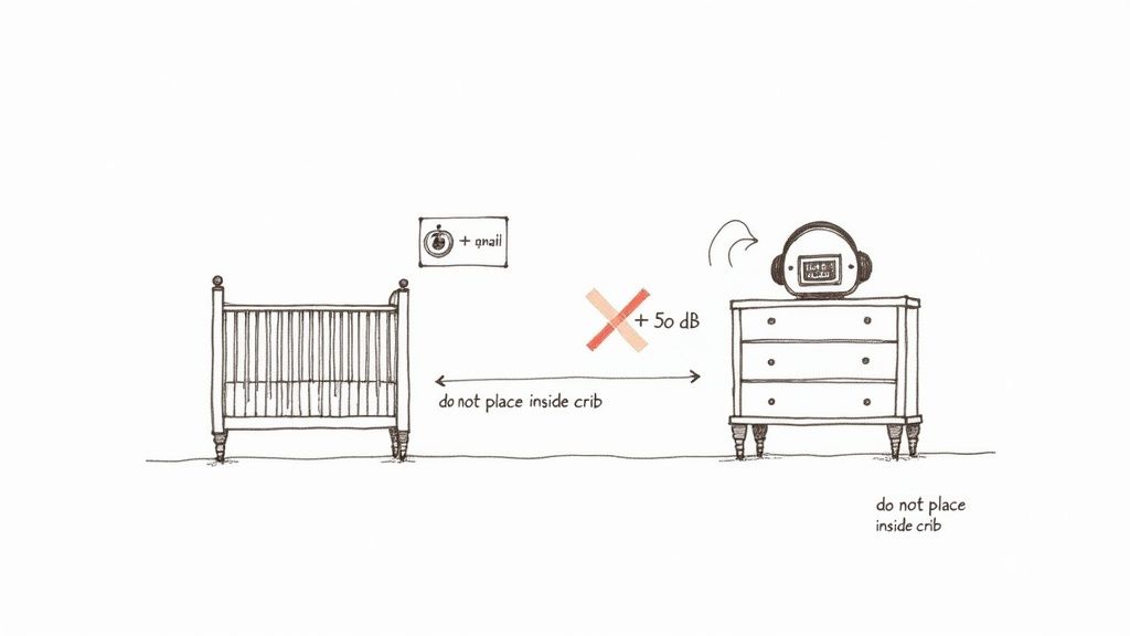 Illustration demonstrating safe placement of a baby sound machine away from a crib with noise level warnings.