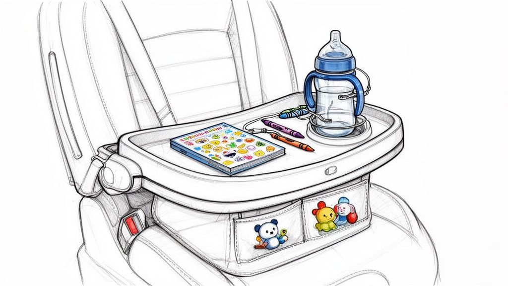 A detailed sketch of a car seat with an attached tray holding a bottle, crayons, and a coloring book.