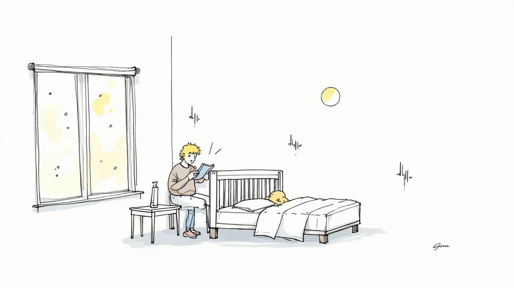 A parent sits beside a baby's crib, reading quietly in a dimly lit room.