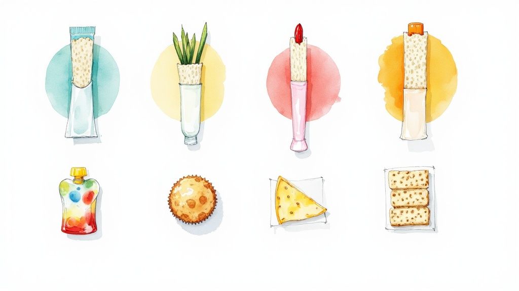 Vibrant watercolor drawings showcasing diverse individual and packaged snack foods, including tubes, a pouch, and baked goods.