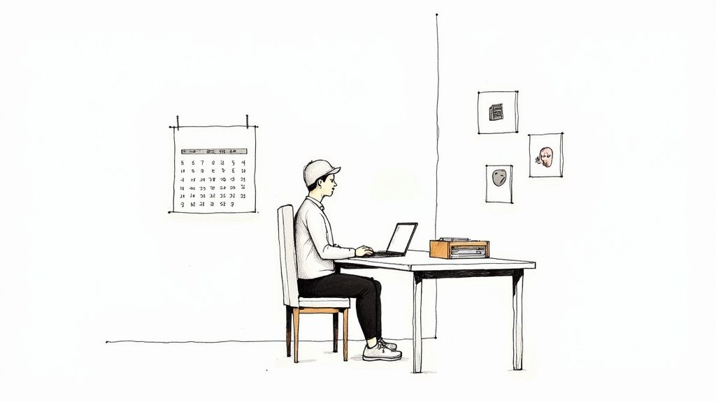 Person working on laptop at desk in minimalist home office workspace setup