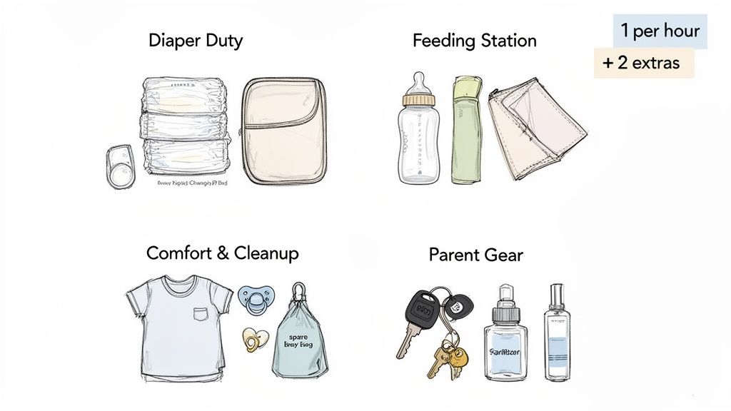 A visual guide showing organized baby and parent essentials for a well-packed diaper bag.