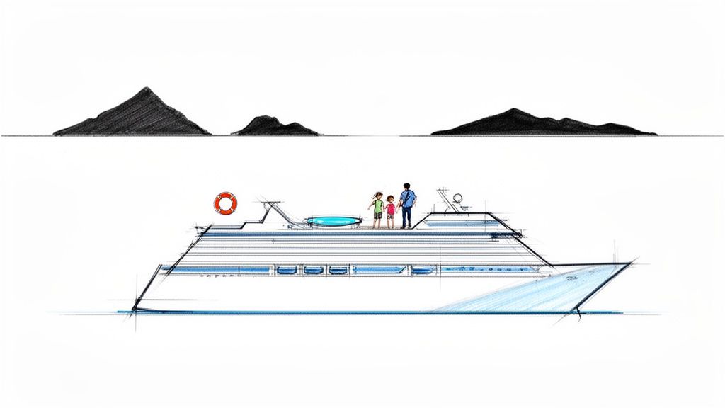 A sketch of a white cruise ship with a family on deck, sailing past black islands.