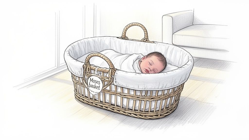 A sleeping baby is nestled comfortably inside a Moses basket on a wooden floor.