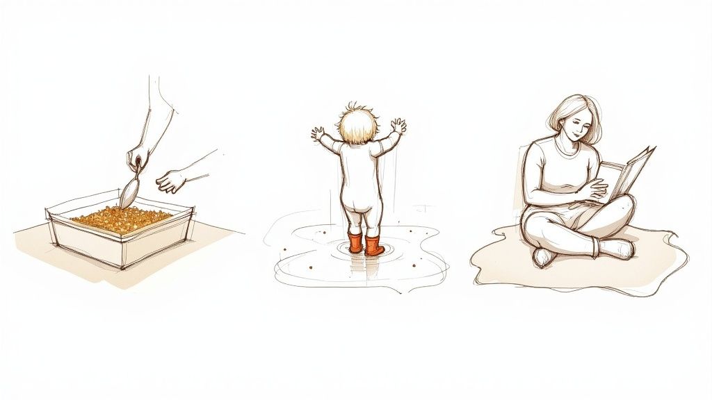 Three scenes: hands scooping from a sensory bin, a baby splashing in a puddle, and a woman reading a book.