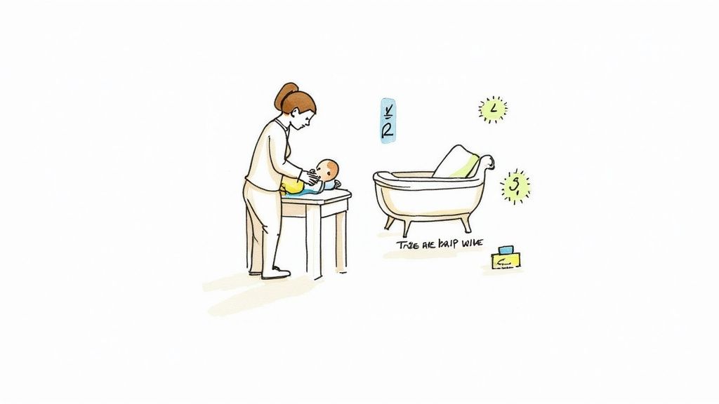 Illustration showing a mother changing her baby's diaper, with a baby bathtub nearby.