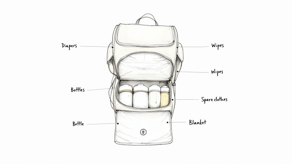 A neatly organized diaper bag with baby essentials laid out on a bed.