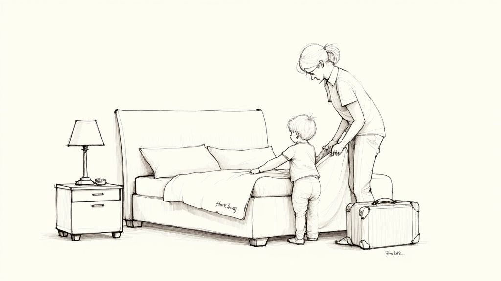 A mother and child in a sketch make a bed with a 'Home Away' blanket, next to a suitcase and nightstand.