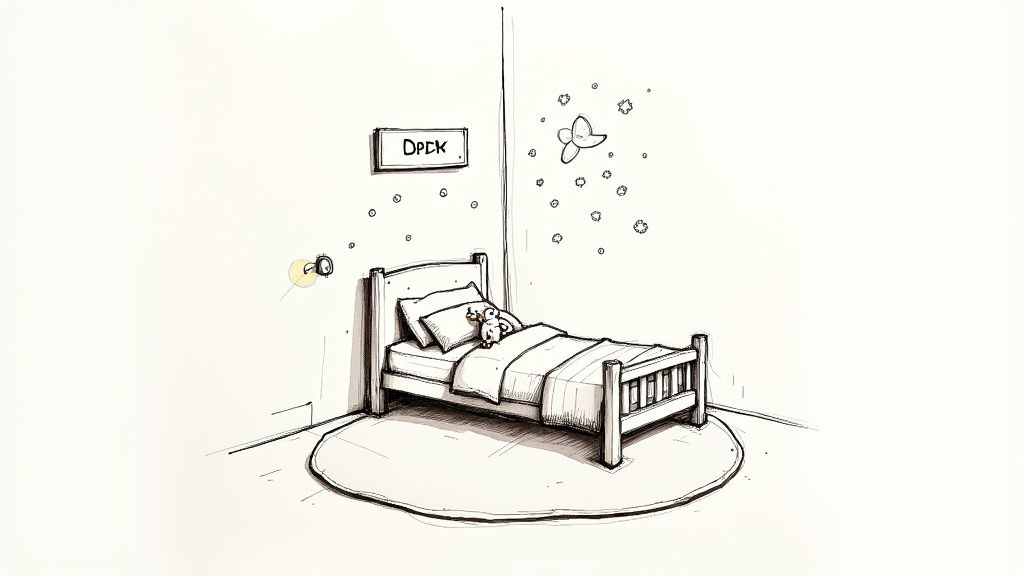 Cozy toddler bedroom illustration showing child sleeping peacefully in bed with nightlight and wall decor