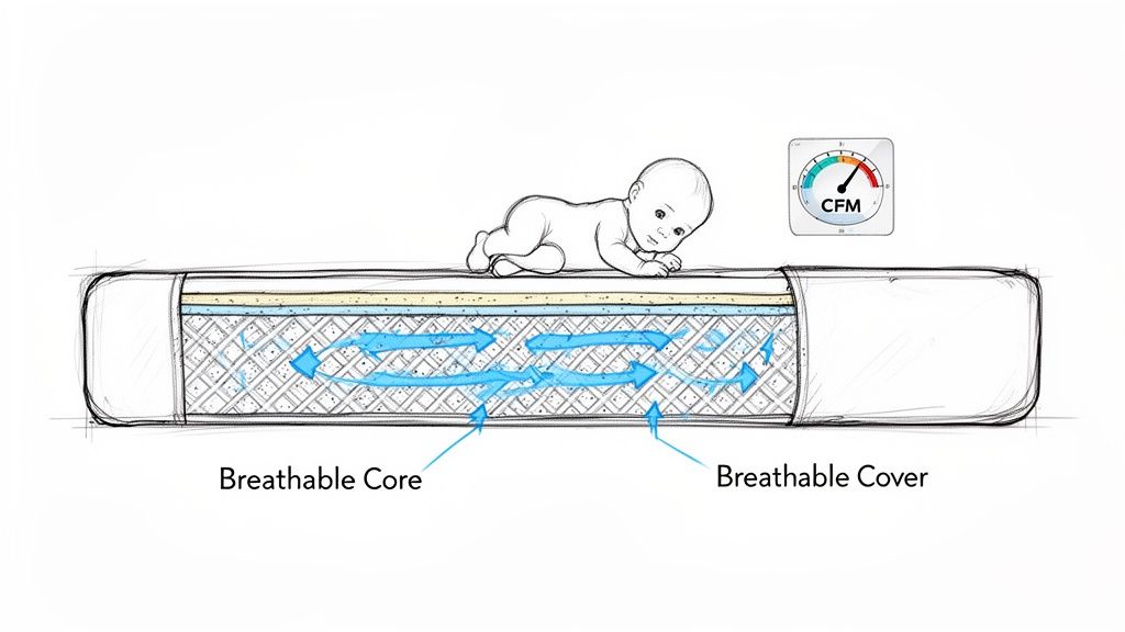 Diagram illustrating a baby on a breathable crib mattress with air circulation shown through the core and cover.