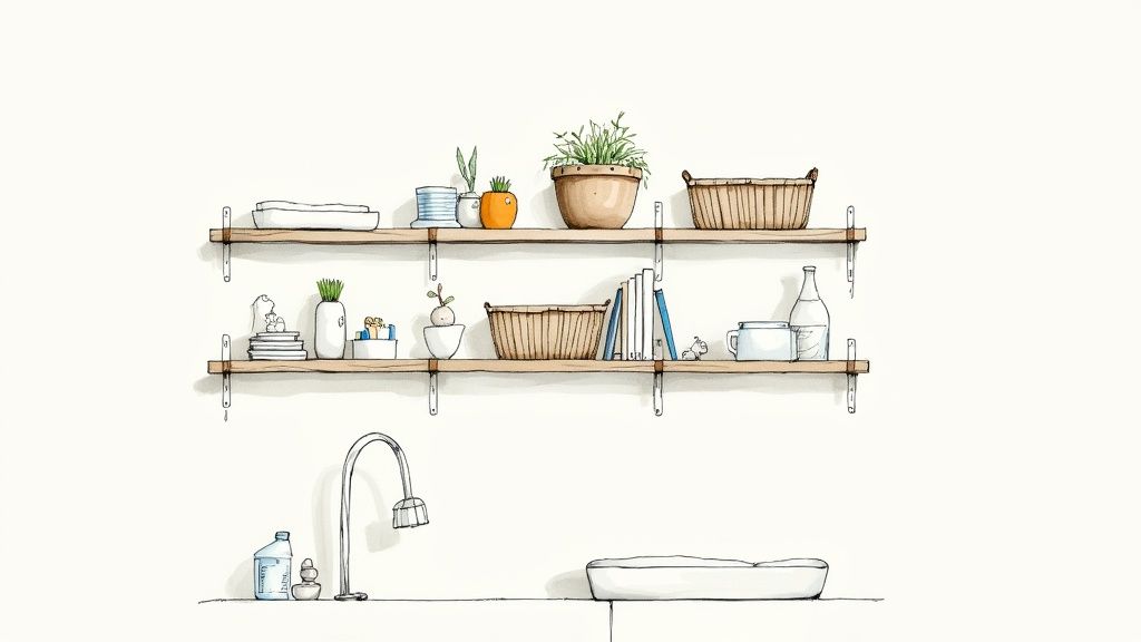 A child's play area with a cube storage unit filled with fabric bins and a separate area for books.