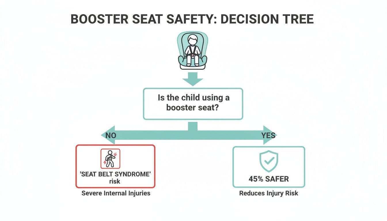 A decision tree illustrating booster seat safety, showing risks without and benefits with a booster seat.