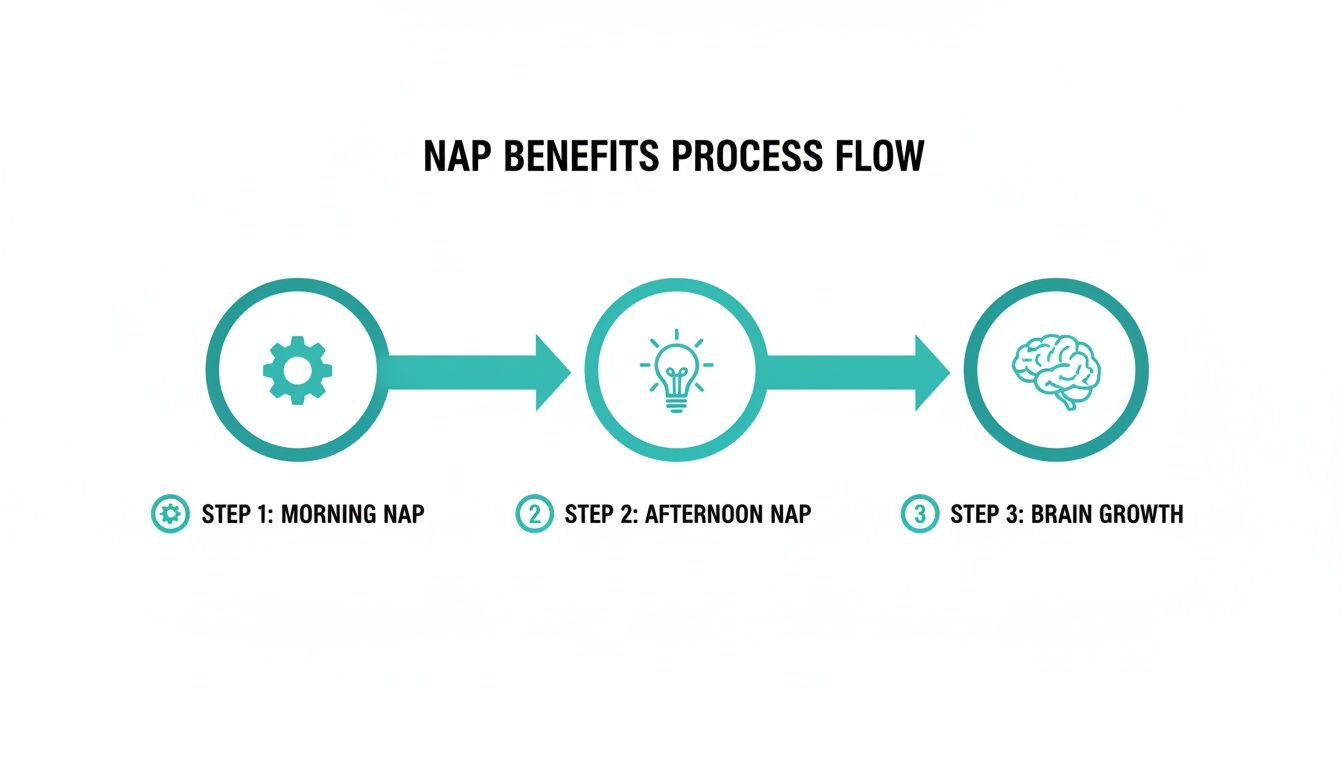 A process flow illustrating nap benefits, showing morning and afternoon naps leading to brain growth.