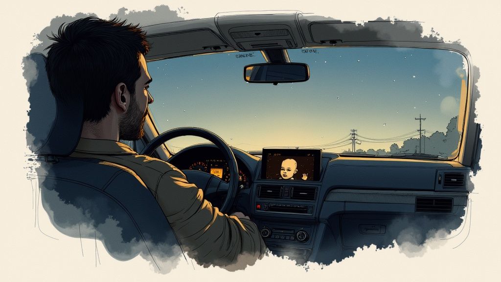 A baby peacefully looking at an infant car mirror with lights in the back of a car